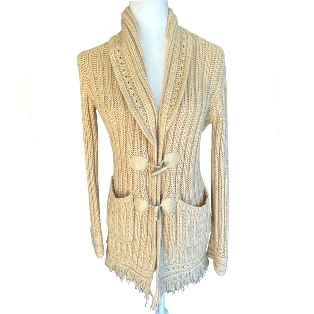 V'Cocca Chunky Knit Cardigan Sweater Small Boho Fisherman Indie Fringe Cream